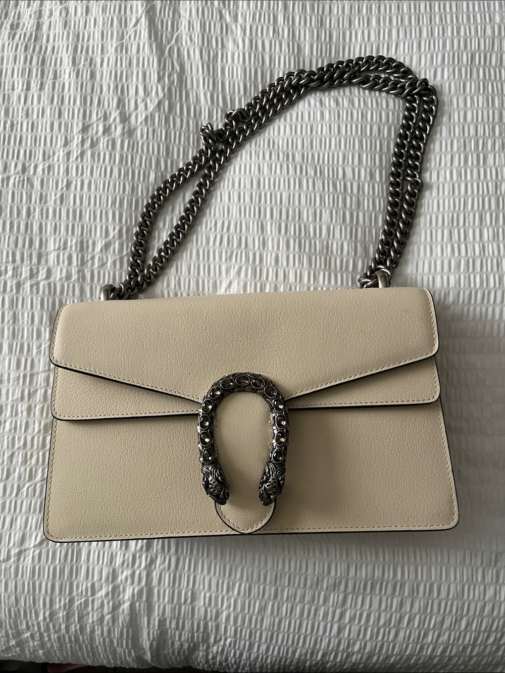 Cream Leather Shoulder Bag with Silver Hardware